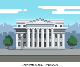 Front view of court house, bank, university or governmental institution. White brick public building with white columns. Flat style modern vector illustration.