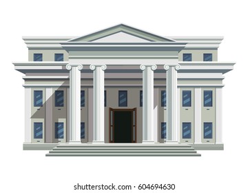 Front view of court house, bank, university or governmental institution. White brick public building with high columns and open doors. Flat style vector illustration isolated on white background.