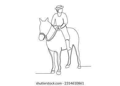 Front view of cowboy riding horse. Cowboy one-line drawing