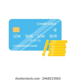 Front view credit card and stack of golden coins flat vector illustration isolated on white background