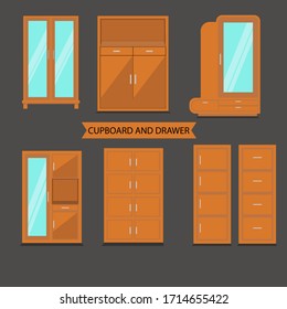 Front View Cupboard and Drawer. Colored Cupboard. Cupboard Icon set