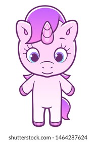 Front view of cute cartoon unicorn on the white background. Cute unicorn series.