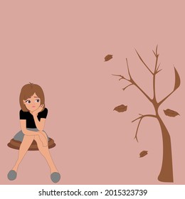 Front view of a cute girl sitting with her right hand on her chin she looked in a bad mood, dead trees, fallen leaves nearby.Vector isolate flat design concept for feeling:bad,edgy,irritable,touchy.