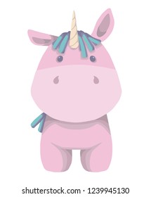 Front view of cute round cartoon style pink full body unicorn with golden horn isolated vector illustration