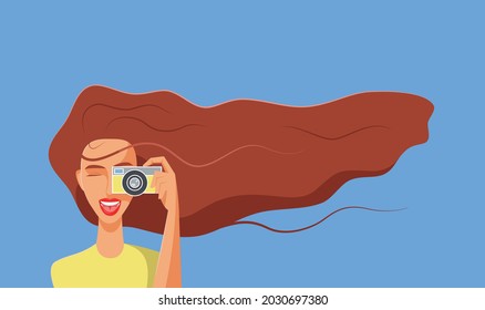 Front view of a cute young woman taking a picure of you and she is extremely excited with that. Photographer woman with camera in her hand vector flat design illustration. 