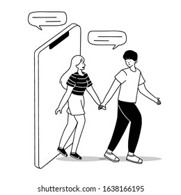Front view of dating app concept. Social media in refer a friend cartoon hand drawn style flat vector design illustrations. Man pulled the woman hand from the cellphone.