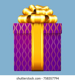 Front view decorated glossy shiny glitter Christmas, wedding, Valentine, birthday, anniversary celebration gift box with gold ribbon and bow.  Wedding, birthday, annive
