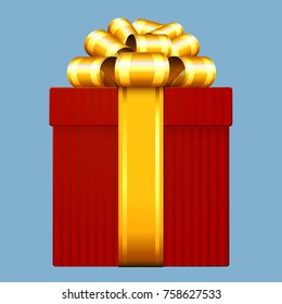 Front view decorated glossy shiny glitter Christmas, wedding, Valentine, birthday, anniversary celebration gift box with gold ribbon and bow.  Wedding, birthday, annive