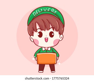 Front view delivery boy holding box. Delivery concept cartoon art illustration Premium Vector