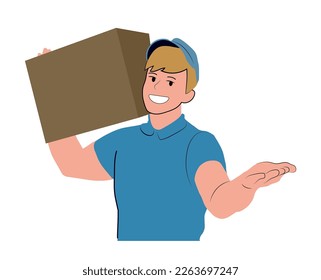 front view of delivery man carrying cardboard box.