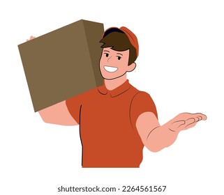 front view of delivery man carrying cardboard box.