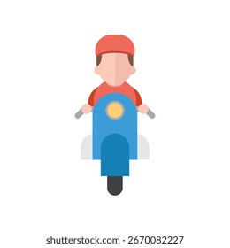 Front view of delivery man in red uniform riding a blue scooter for service. Vector illustration.