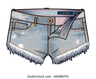 Front view of denim shorts with unzipped fly