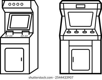 Un diseño de vista frontal de una máquina de juegos arcade, que muestra controles y pantalla clásicos, perfectos para juegos retro y temas de entretenimiento.