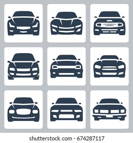 Front view of different cars, vector icon set