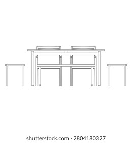 Front view of dining set with rectangular dining table, one bench, two arm chairs, and two stools in clean outline style, showcasing modern dining furniture in technical line art.