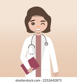 Front view doctor character. Doctor character creation set with face emotions, poses and gestures. Cartoon style, flat vector illustration.Female doctor. finger pointing up, holding clipboard.
