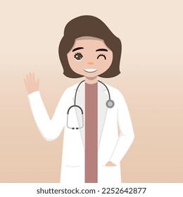 Front view doctor character. Doctor character creation set with face emotions, poses and gestures. Cartoon style, flat vector illustration.Female doctor. finger pointing up, holding clipboard.