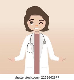 Front view doctor character. Doctor character creation set with face emotions, poses and gestures. Cartoon style, flat vector illustration.Female doctor. finger pointing up, holding clipboard.