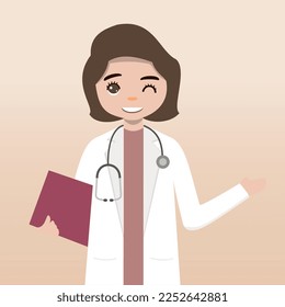 Front view doctor character. Doctor character creation set with face emotions, poses and gestures. Cartoon style, flat vector illustration.Female doctor. finger pointing up, holding clipboard.