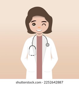Front view doctor character. Doctor character creation set with face emotions, poses and gestures. Cartoon style, flat vector illustration.Female doctor. finger pointing up, holding clipboard.