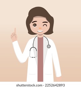 Front view doctor character. Doctor character creation set with face emotions, poses and gestures. Cartoon style, flat vector illustration.Female doctor. finger pointing up, holding clipboard.