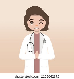 Front view doctor character. Doctor character creation set with face emotions, poses and gestures. Cartoon style, flat vector illustration.Female doctor. finger pointing up, holding clipboard.