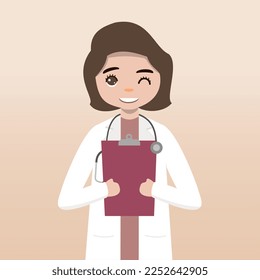 Front view doctor character. Doctor character creation set with face emotions, poses and gestures. Cartoon style, flat vector illustration.Female doctor. finger pointing up, holding clipboard.