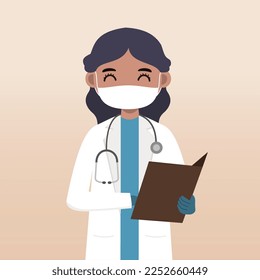 Carácter médico de vista frontal. Creación de personajes médicos con emoción facial, pose y gesto. Estilo de caricatura, ilustración plana vectorial. Médica femenina usando máscara. señalando con el dedo, sujetando el portapapeles.