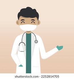 Front view doctor character using mask. Doctor character creation with face emotion, pose and gesture. Cartoon style, flat vector illustration. Male doctor finger pointing up, holding clipboard.