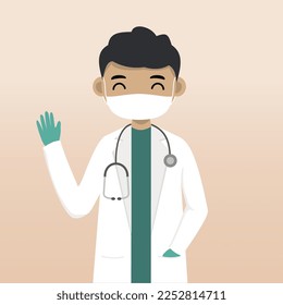 Front view doctor character using mask. Doctor character creation with face emotion, pose and gesture. Cartoon style, flat vector illustration. Male doctor finger pointing up, holding clipboard.