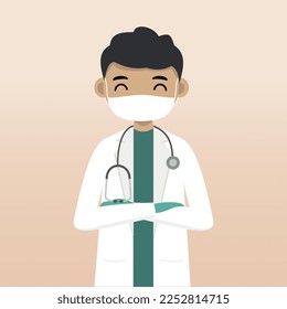 Front view doctor character using mask. Doctor character creation with face emotion, pose and gesture. Cartoon style, flat vector illustration. Male doctor finger pointing up, holding clipboard.