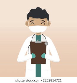 Front view doctor character using mask. Doctor character creation with face emotion, pose and gesture. Cartoon style, flat vector illustration. Male doctor finger pointing up, holding clipboard.