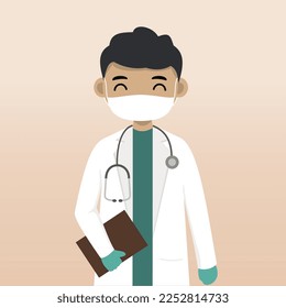 Front view doctor character using mask. Doctor character creation with face emotion, pose and gesture. Cartoon style, flat vector illustration. Male doctor finger pointing up, holding clipboard.
