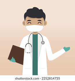 Front view doctor character using mask. Doctor character creation with face emotion, pose and gesture. Cartoon style, flat vector illustration. Male doctor finger pointing up, holding clipboard.