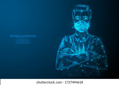 Front View Doctor Wears A Medical Mask, Arms Crossed. Hospital Medical Worker Close-up. Coronavirus Infection Control COVID-19. Innovative Medicine. 3d Low Poly Wireframe Isolated Vector Illustration.