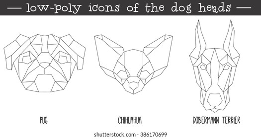 Front view of dog head triangular icon set, geometric trendy line design. Vector illustration for tattoo or coloring book.Pet collection.