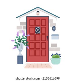 Front view of door outside of house. Closed locked home entrance exterior, facade with potted flower plants, lamp, mail box, rug. Doorway, entry. Flat vector illustration isolated on white background