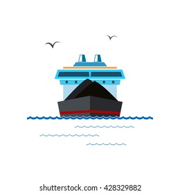 Front View of the Dry Cargo Ship Isolated on White Background, Industrial Marine Vessel is Transporting Coal and Ore, International Freight Transportation, Vector Illustration