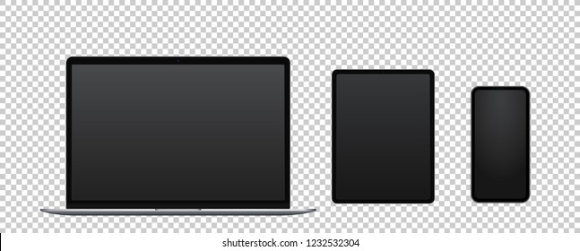 Front view electronic devices: laptop, tablet and smart phone isolated with empty screen. Vector illustration.