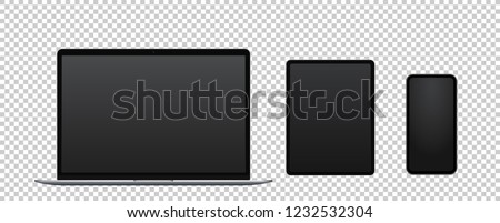 Front view electronic devices: laptop, tablet and smart phone isolated with empty screen. Vector illustration.