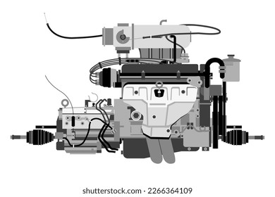 Motor de inyección de gasolina electrónica de visión frontal con colector de admisión alto, sistema de cable de desplazamiento de transmisión y transmisión por control electrónico.