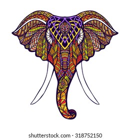 Front view elephant head with colored ornate hand drawn vector illustration