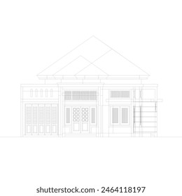 front view and elevation of a house building with a pyramid style roof