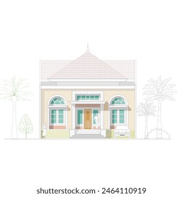 The front view and elevation of the residence are sketched in color