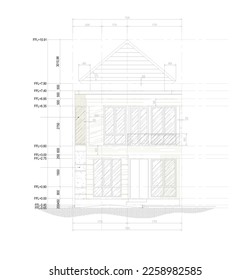 front view or elevation sketch of a two-story residential house with a modern minimalist concept sketched with dimensions