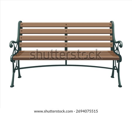 A front view of an empty, classic wooden park bench.