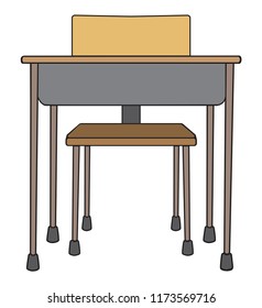 Front view of an empty school desk with chair