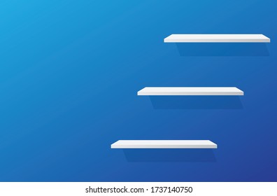 Front view of empty shelf with blue wall background with modern minimalist concept. Vector illustration template