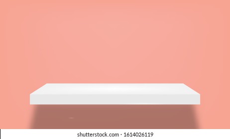 Front view of empty shelf on light pastel pink wall background, vector.